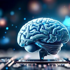 AI-generated illustration of a blue brain on a black circuit board, symbolizing the connection between human intelligence and artificial intelligence. The brain is highly detailed and realistic.