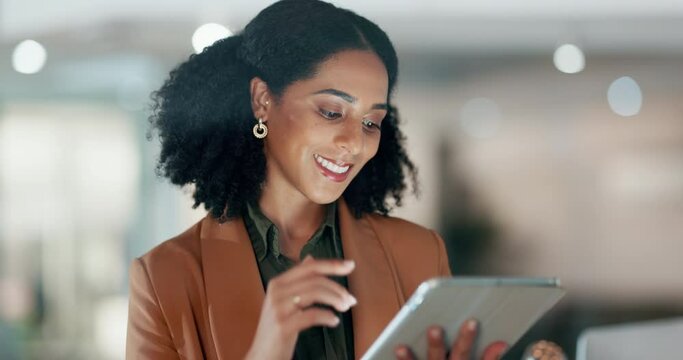 Businesswoman with tablet, smile and scroll, thinking and reading email, review or article at startup. Internet, research and happy woman with digital app for with networking, social media and meme.