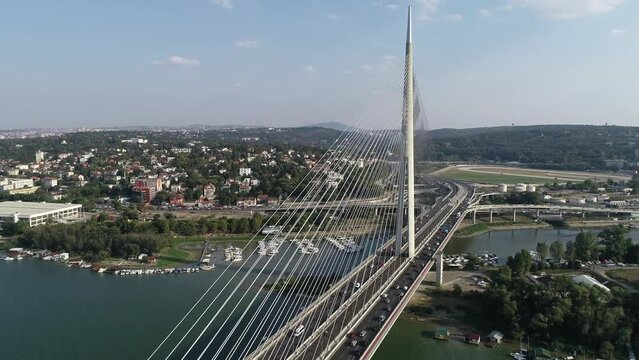 Aerial view of Ada bridge over the Sava river in Belgrade, Serbia. Summer