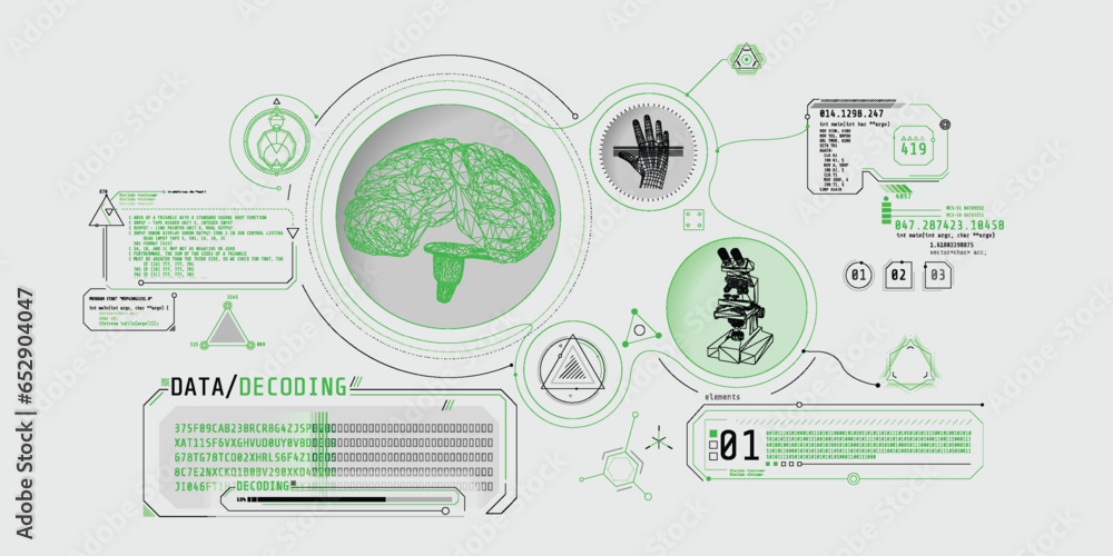 Poster brain research futuristic interface screen with data decoding.