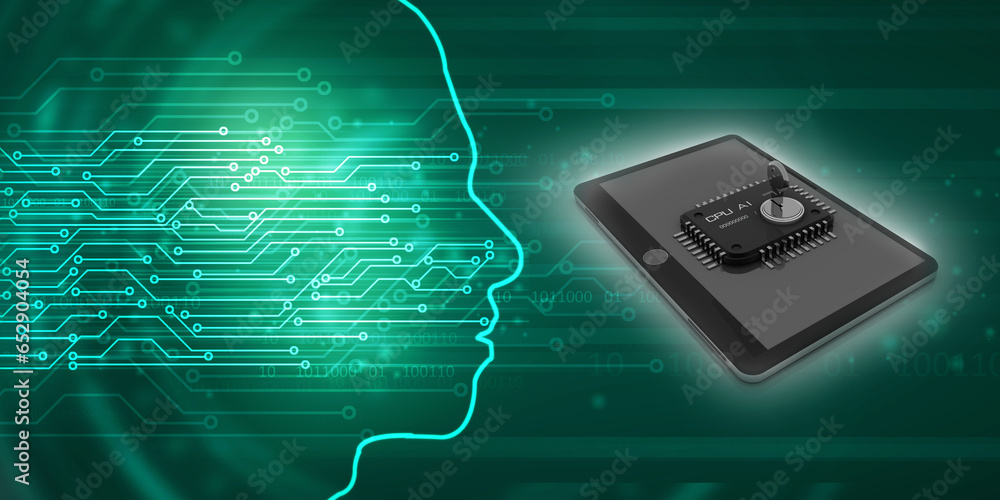 Poster 3d rendering microchips with mobile phone