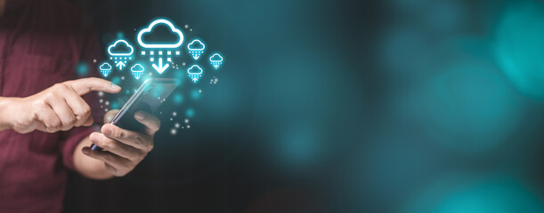 Person using smartphone to access cloud storage and hologram.