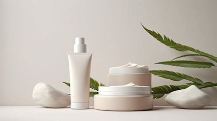 Fototapeta na wymiar Ad banner for simple beauty products, mock-ups decorated with natural leaves and cream strokes, concept of organic skincare