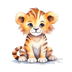 Watercolor cute tiger isolated on transparent background.