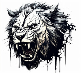 biała czarna postać wściekłego lwa z wyeksponowanymi kłami, pełny emocji i ekspresji. - obrazy, fototapety, plakaty