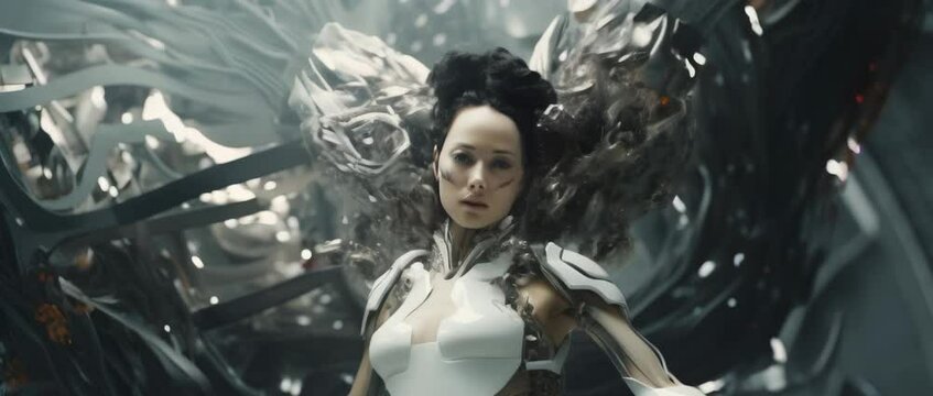 Portrait of cyborg girl connected to network in laboratory. Anamorphic 4k footage