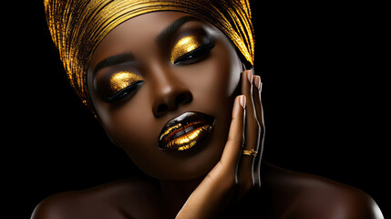 Art portrait African woman fashion model on black background, gold luxury accessories jewelry bracelet earrings. Beautiful face sexy girl metallic golden professional makeup shiny lips skin