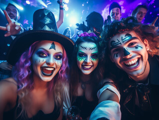 Fototapeta premium Group of young people wearing costumes at halloween party drinking cocktails and having fun in nightclub