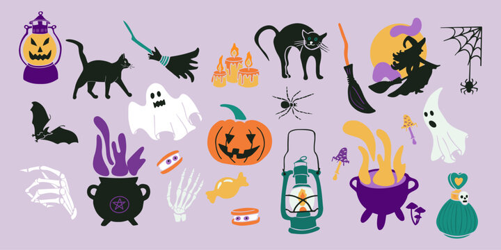 vector, holiday, Halloween, flat, minimalism, clipart, set, collection, hand drawn, illustration, composition, bold, party, celebration, spooky, creepy, skeleton, ghost, cauldron, spider web, cat, pum