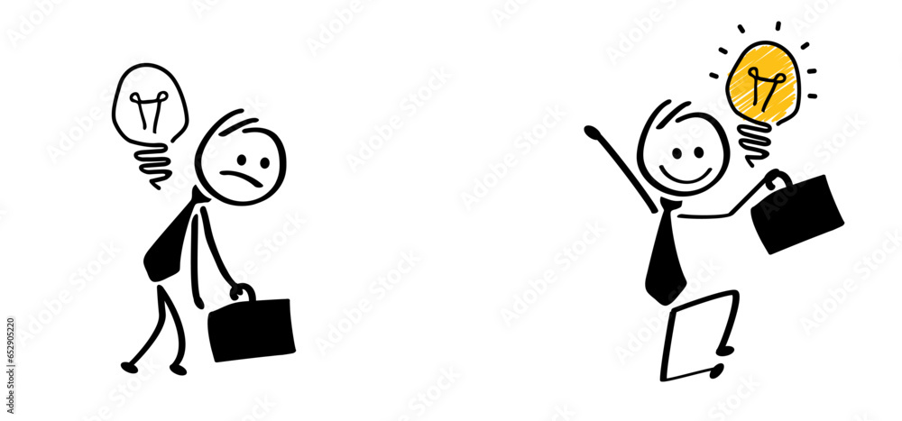 Sticker Cartoon think big idea lamp with brain. Happy Businessman and light bulb or chaos icon. Comic stick figures and energetic man. Vector bulb and idea. Thinking or brainstorming ideas brain. Low energy