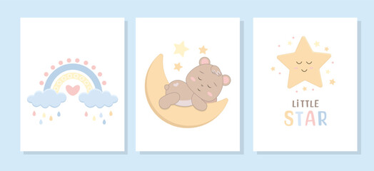 A set of vector greeting cards and posters. Cute cartoon bear cub with a rainbow, a star and a cloud. 