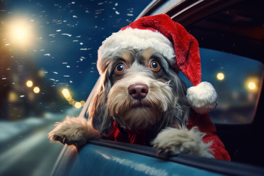 Cute dog wearing a Santa Claus suit leaning out of the car window on night winter road with blurry bokeh lights.