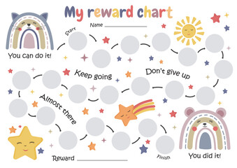 Printable rainbow reward chart. Chore chart for toddler. Sticker reward chart. Behavior for kids. Reward and achievement. Potty training chart.