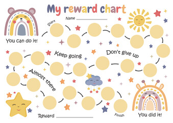 Printable rainbows reward chart, toddler potty chart, kids behavior chart. Sticker chart for children. Reward system. Toddler Routine.