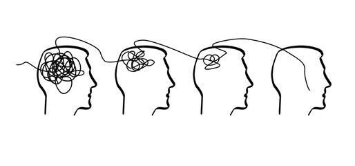 Cartoon brainstorming and mental problem solving, psychotherapy Concept. Complete and total confusion or lack of order. Brains with tangled knot and order in one man's head. Scribbles. Chaos path.