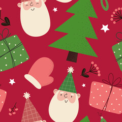 Seamless Christmas pattern with cartoon characters and gifts. Vector illustration in flat style.