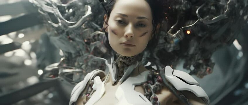 Portrait of cyborg girl connected to network in laboratory. Anamorphic 4k footage