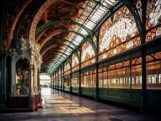 Fototapeta na wymiar A beautifully preserved Art Nouveau train station with elegant ironwork, stained glass windows, and organic design elements