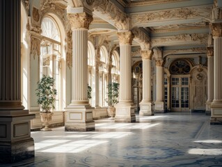 An Ornate Neoclassical Interior with Delicate Moldings, Stately Columns, and a Beautifully Painted Ceiling