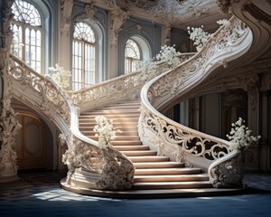 Fototapeta na wymiar Gracefully Curving Handrail: A Captivating Art Nouveau Staircase with Fine Art Details