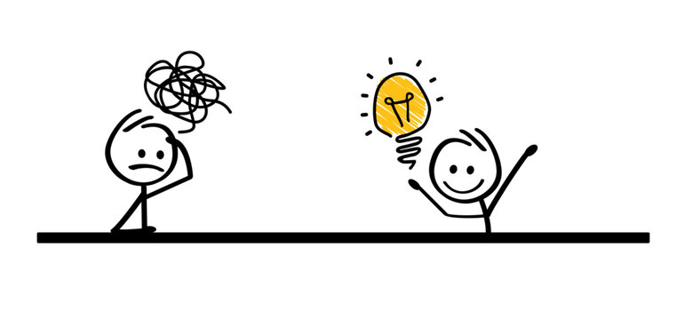 Cartoon think big idea lamp with brain. Happy stickman and light bulb or chaos icon. Comic stick figures and scribbles man. Vector bulb an idea concept sign. Thinking or brainstorming ideas brain.