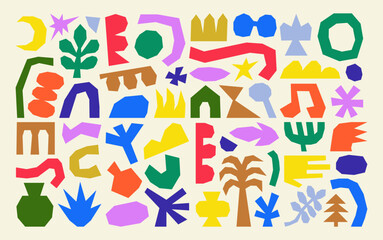 Collection of colorful, abstract, naive, organic and irregular cut-out shapes