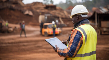 A young Black African mining construction worker with a digital tablet in an open pit quarry - obrazy, fototapety, plakaty