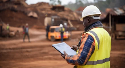Fototapeten A young Black African mining construction worker with a digital tablet in an open pit quarry © GustavsMD