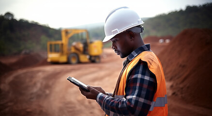 Young black african road construction worker with digital tablet on road construction site - Powered by Adobe