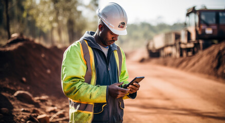 Young black african road construction worker with digital tablet on road construction site - obrazy, fototapety, plakaty
