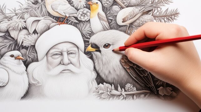A drawing of a santa claus surrounded by birds