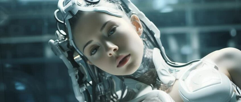 Portrait of cyborg girl connected to network in laboratory. Anamorphic 4k footage