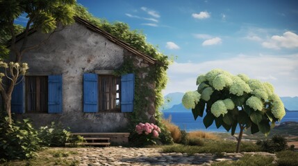 Fototapeta na wymiar A house with blue shutters on a sunny day