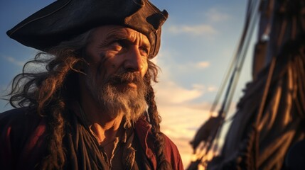 A close up of a person wearing a pirate hat