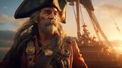Foto op Plexiglas Schip A man in a pirate hat standing in front of a ship