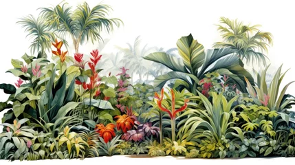 Fotobehang A painting of a tropical garden with lots of plants © Maria Starus