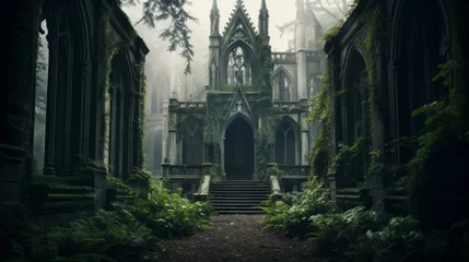 Fotobehang Abandoned Gothic Mansion Shrouded in Eerie Mist © Nicolas