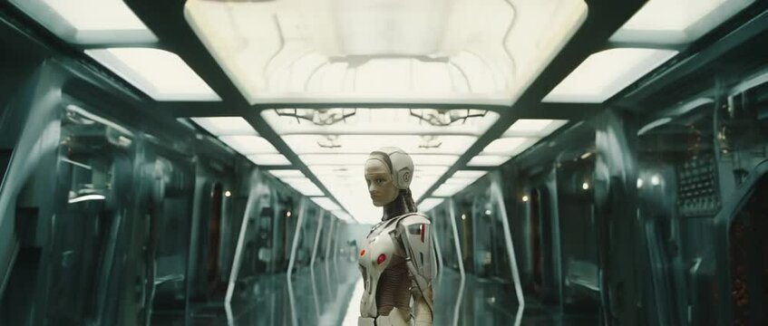 Medium shot of cyborg girl standing in hall in laboratory. Anamorphic 4k footage