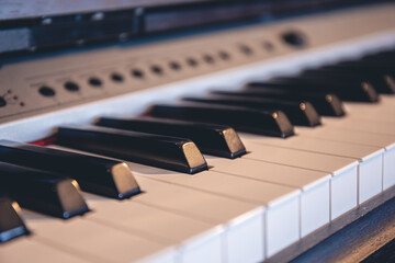 Mechanical piano keys close up with a delicate and beautiful background