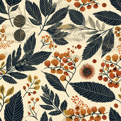 Autumn seamless pattern with abstract chestnut leaves and berries. Foliage print for fabric, package, wrapping, wall art.