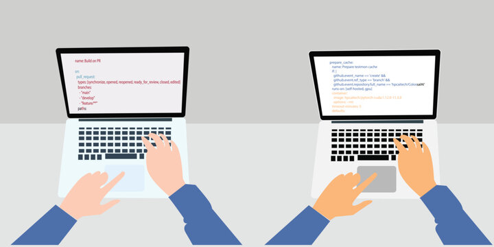 Working on pc laptop with program code on screen top view web development
