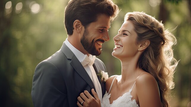 Bride and groom smiling at each other in the forest with blurred forest trees in the background. Suitable for wedding invitations, romantic greeting cards, or other romantic themed designs.