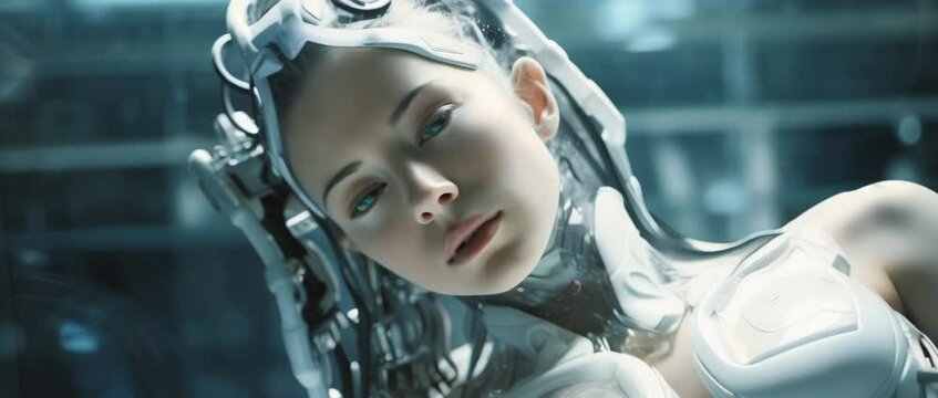 Portrait of cyborg girl connected to network in laboratory. Anamorphic 4k footage