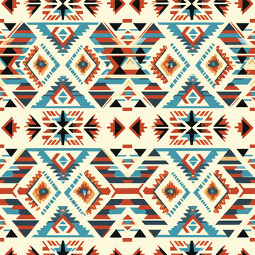 Aztec style blue seamless geometry pattern with tribal ornament. Ornamental ethnic background collection. Use for fabric prints, surface textures, cloth design, wrapping.