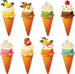 Cute vector illustration of various kinds of ice cream cones with whipped cream.