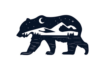Silhouette of a wild bear with landscape, vector illustration