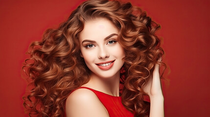 Beautiful smiling woman with long wavy hair . Girl curly hairstyle and red manicure nails . Beauty ,makeup and cosmetics