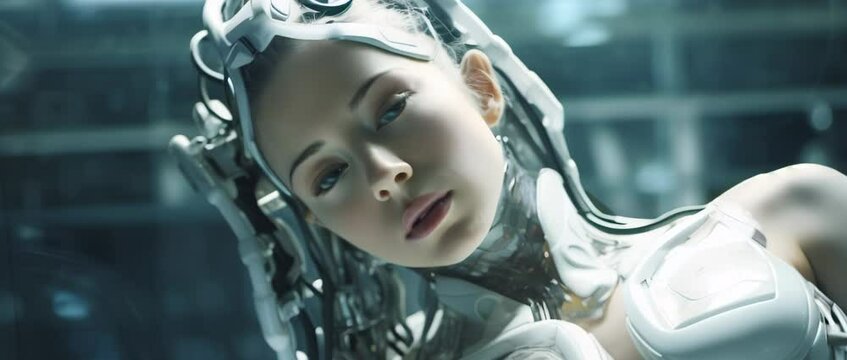 Portrait of cyborg girl connected to network in laboratory. Anamorphic 4k footage