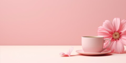 Fototapeta na wymiar coffee cup with flowers on pink background