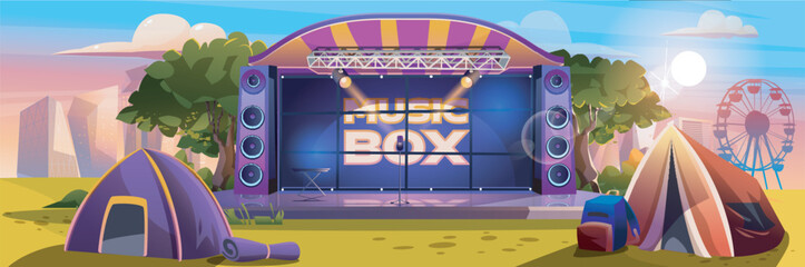 Music festival background banner in flat cartoon design. Open air performance summer poster, show stage with speakers, tents for audience at campground area, cityscape backdrop. Vector illustration